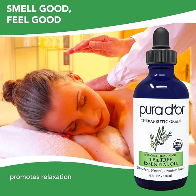 PURA D'OR ORGANIC Tea Tree Melaleuca Essential Oil (4 Oz with Glass Dropper) 100% Pure & Natural Therapeutic Grade For Hair, Body, Skin, Scalp, Aromatherapy Diffuser, Cleansing, Purify, Home, DIY Soap