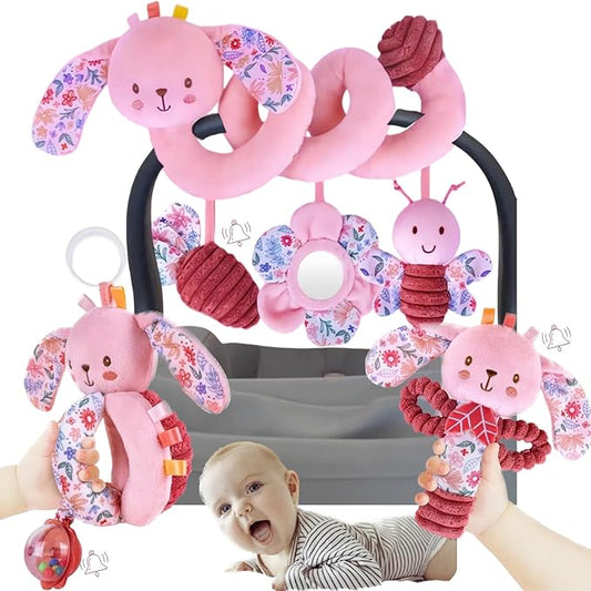 Baby Spiral Car Seat Toys for Babies 0-6 Months Girl, Stroller Hanging Stuffed Animal Carseat Mirror Crinkle Toy 0-3-6-7-12, Newborn Infant Valentines Gifts Easter Basket Stuffers Bunny 3PCS