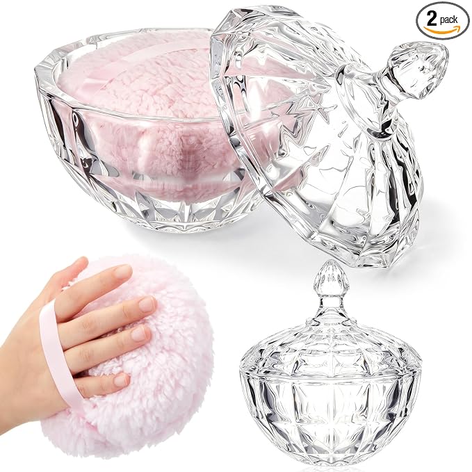 Tioncy 2 Pcs Extra Large Dusting Powder Puff and Container for Women-6'' Glass Crystal Dusting Powder Container with Body Soft Washable Reusable Velour Face(Clear,Diamond)