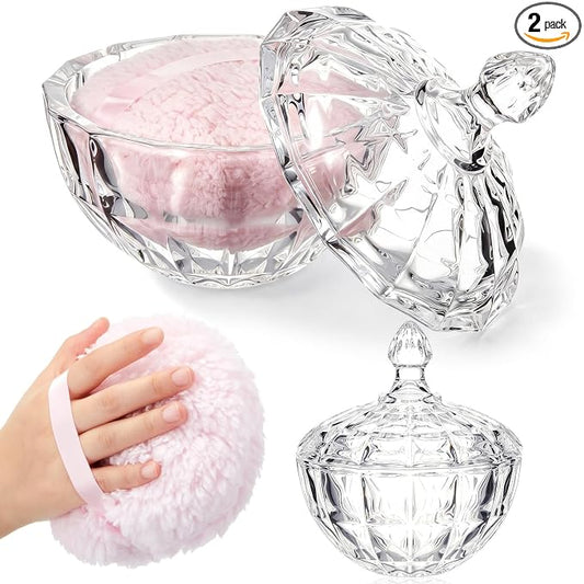Tioncy 2 Pcs Extra Large Dusting Powder Puff and Container for Women-6'' Glass Crystal Dusting Powder Container with Body Soft Washable Reusable Velour Face(Clear,Diamond)