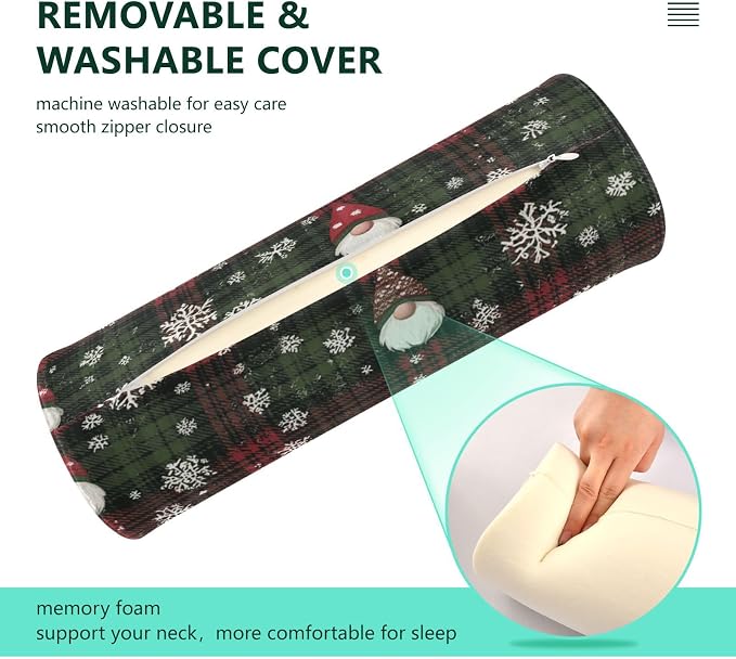 Christmas Gingham Gnome and Snowflakes Neck Roll Pillow Bolster Round Health Memory Foam Long Cervical Cylinder Pillows with Removable Washable Cover for Body Bed Legs Back Yoga