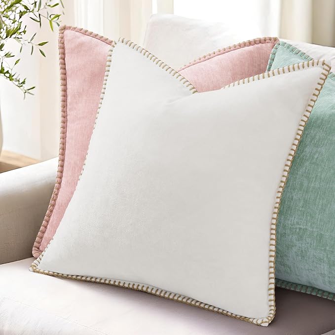 decorUhome Soft Chenille Throw Pillow Covers 12x12 Set of 2 Aqua Haze | Fall Textured Decorative Throw Pillow Cases Stitched Edge Modern Farmhouse Luxury Boho Velvet for Couch Sofa Bed Home Decor