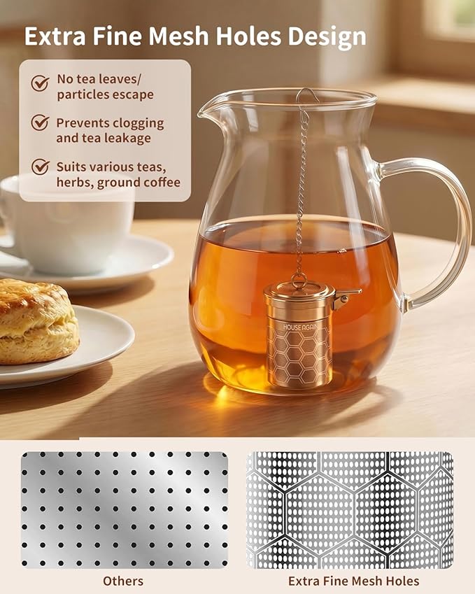 House Again Tea Infuser, 304 Stainless Steel Extra Fine Mesh Tea Strainer for Loose Tea, Upgraded Press-to-Open Lid, Loose Leaf Tea Steeper for Spices & Seasonings