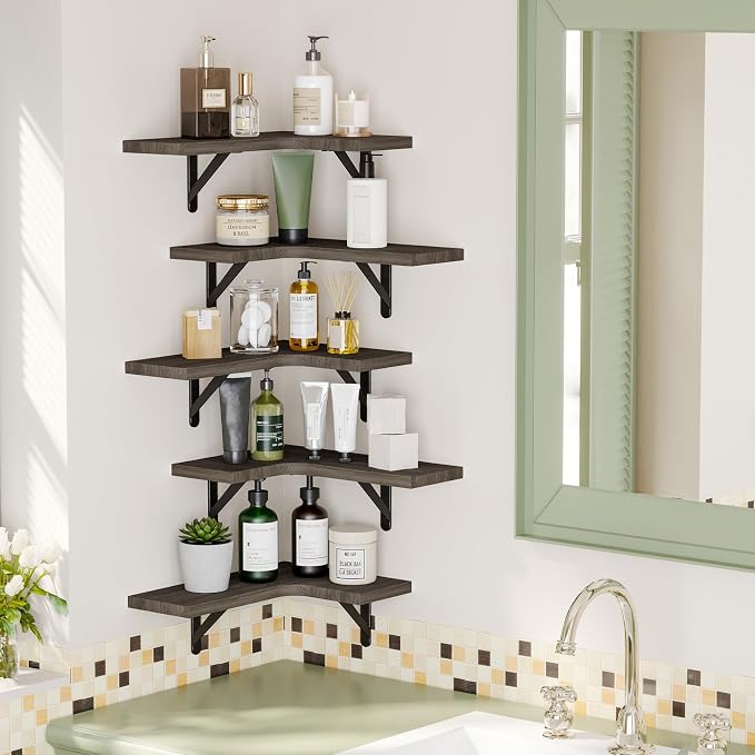 Fixwal Conner Shelves Wall Mounted for Decor, Weathered Grey Set of 5 | Solid wood shelf with metal brackets, holds 40 lbs. Optimizes corner storage. Fits bathroom, kitchen, bedroom & living room.