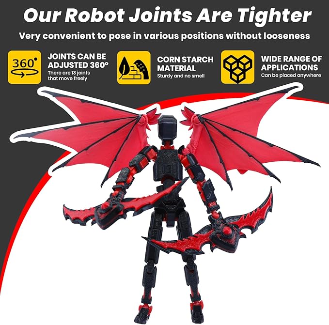 Titan 13 Robot Action Figure,Dummy 13,Articulated Robot with Demon Wings, 3D Printed robo 13 Action Figure Articulated (Rose red)