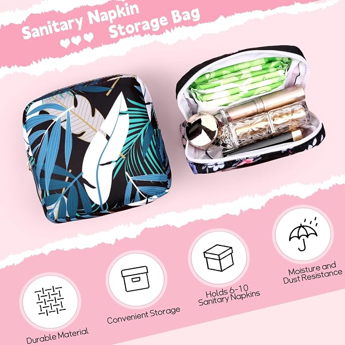 Period Bag for Girls Polyester Period Pouch Pad Bag First Period Kit for Teen Pads/Sanitary Napkins/Small Tampons, Feminine Hygiene Organizer for Women (Pink Flowers)
