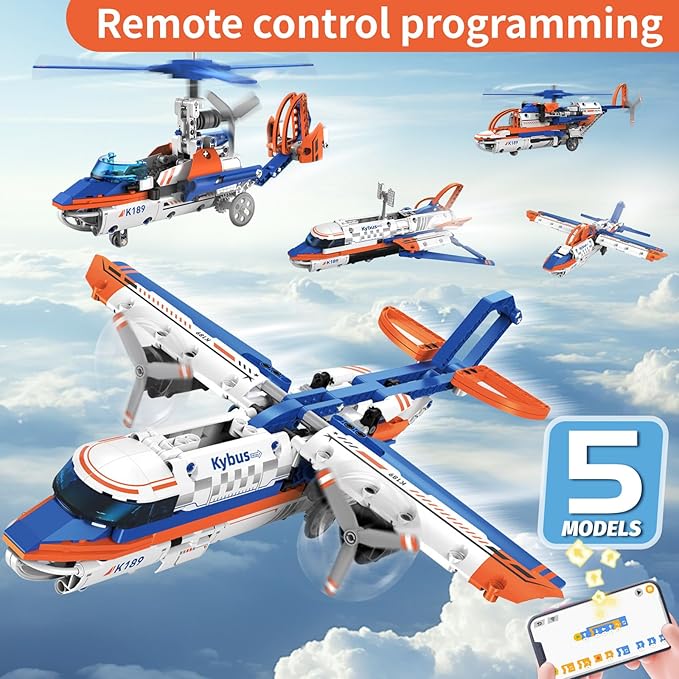 Airplane Building Set for Kids 6+, DIY Educational Robotics Building Kit, 5 in 1 Blocks App & Remote Control Airplanes STEM Toy, Programming Robotic Creative Toy Gifts for Boys and Girls