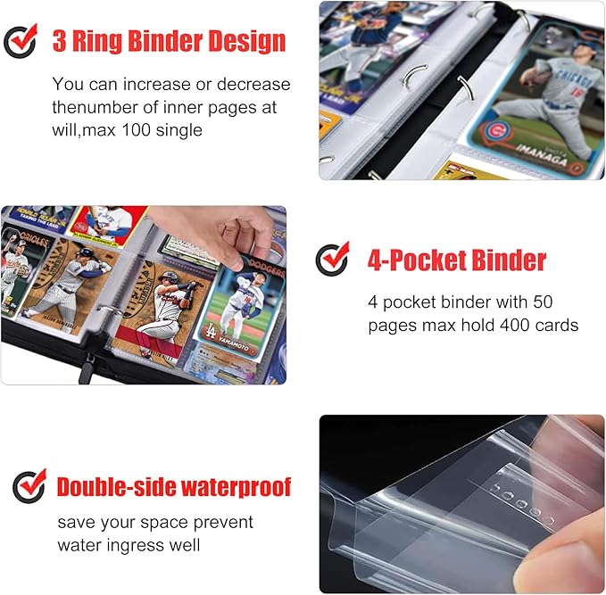 400 Pockets Baseball Card Binder, Portable Waterproof Storage Album with Removable Sleeves for Baseball Sports Cards 2025-2026 Collectors