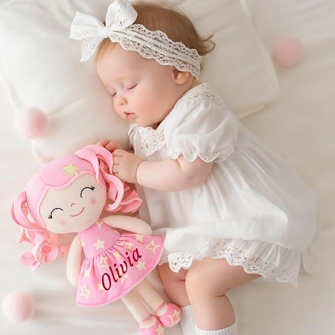 Gloveleya Personalized Baby Doll – Custom Name Rag Doll Gift for Girls | Pink Star Plush Keepsake for Birthday, Baby Shower & Christmas | Soft Huggable Comfort Toy 12 Inch