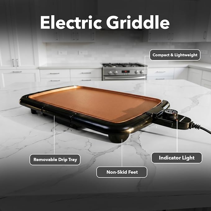 OVENTE Electric Griddle with 16 x 10 Inch Non-Stick Plate, Copper GD1610CO | Removable and Adjustable Temperature Control, Indoor Grill perfect for Instant Breakfast, Pancakes, Eggs or Burgers