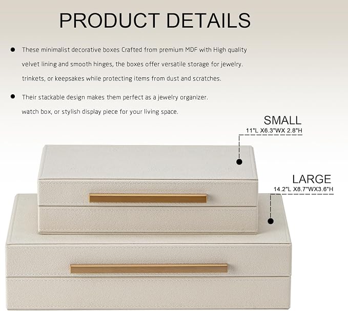 Set of 2 Beige Shagreen Decorative Storage Boxes with Gold Metal Handles – Faux Leather Jewelry & Memory Boxes, Nesting Photo Organizers for Home Decor