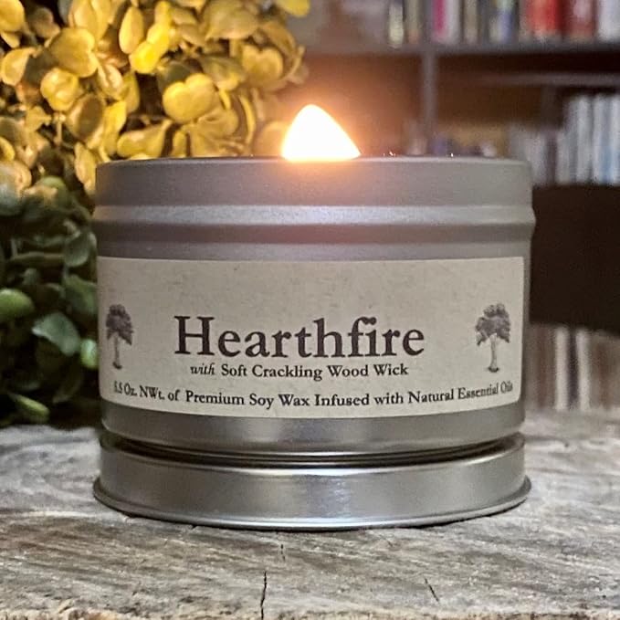 Hearthfire in Tin Can by GWE - Smoky Sandalwood Scented Soy Candle w/Wood Wick - Dark Sweet Creamy Aromatherapy - Infused w/Natural Oils, Made in The USA - Gift for Men & Women