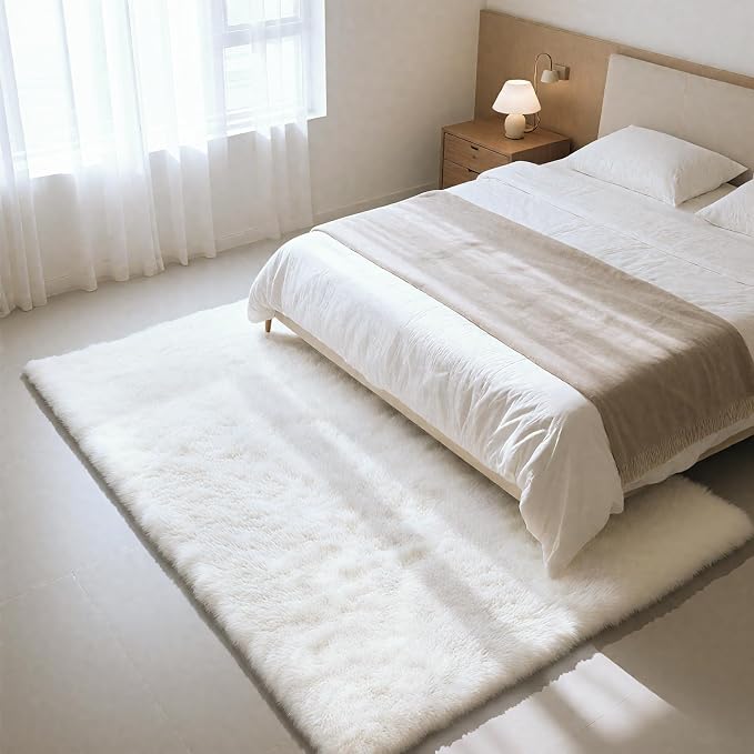Fluffy Rug Shag Area Rug, White 5x8 Area Rugs for Bedroom, Small Bedside Rug, Soft Fluffy Shag Entryway Throw Rugs for Living Room Bedroom Room Home Decor