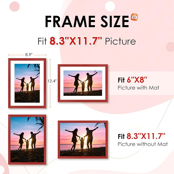 FIXSMITH A4 Picture Frame Set of 2, Red Photo Frame with HD Plexiglass, Display Pictures 6x8 with Mat or 8.3x11.7 Without Mat Multi Picture Frames Collage for Tabletop or Wall Display