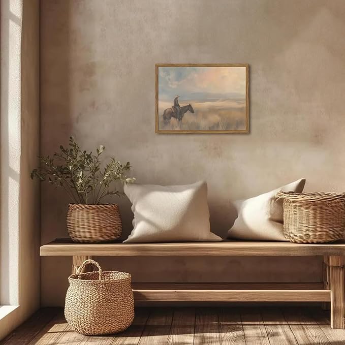 Vintage Western Cowboy Wall Art Cowboy on Horse Wall Decor Paintings, Southwestern Landscape Poster Canvas Prints for Bedroom Farmhouse Living Room 12x16 inch Wood Framed