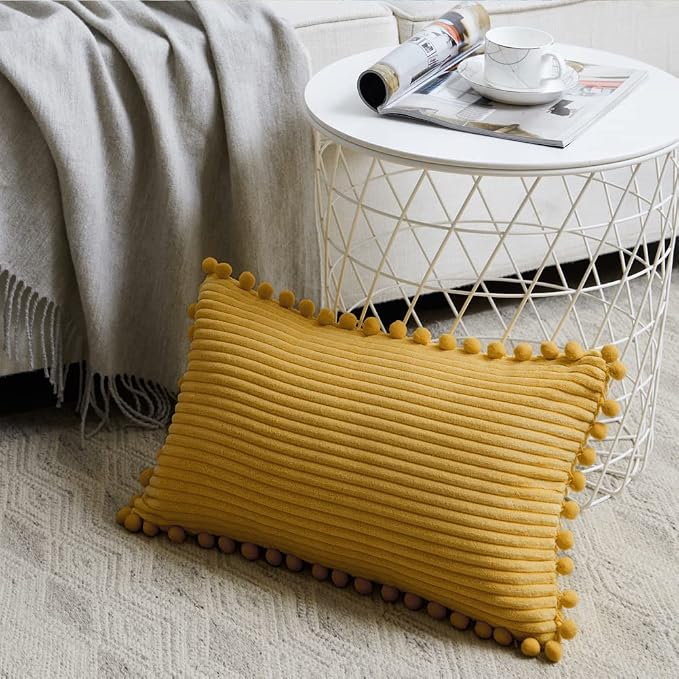 Fancy Homi 2 Pack Mustard Yellow Lumbar Decorative Throw Pillow Covers 14x24 Inch with Pom-poms for Living Room Couch Bedroom, Soft Corduroy Solid Cushion Case 35x60 cm, Rustic Farmhouse Home Decor