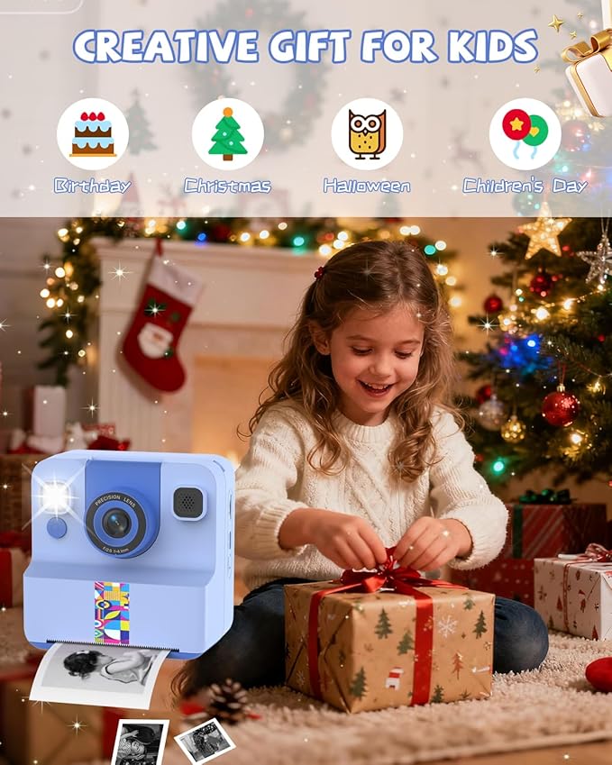 Kids Camera Instant Print, Digital Camera for Kids, 180° Rotating Selfie Lens with 32GB SD Card & 2 Rolls Printing Paper Kids Toy Birthday Gifts for Boys Girls Ages 3-12, Blue