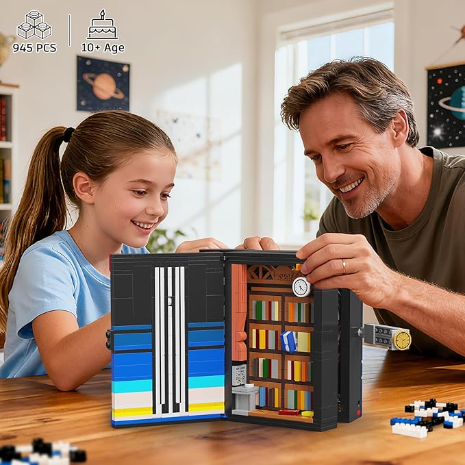 HOGOKIDS Magic Space Book Nook Building Set with LED Light, 945PCS Book Nook Building Block Sets for Bookshelf Home Decor, DIY Miniature Book Model Craft Kit, Christmas Birthday Gifts for Adults Teens
