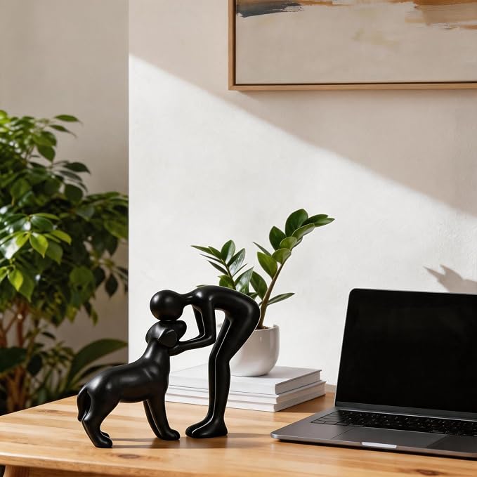 Abstract Person and Dog Sculpture Head-to-Head Figurine Black | abstract sculpture celebrating the bond between person and pet. Intimate head-to-head Touching memory keepsake for dog lovers