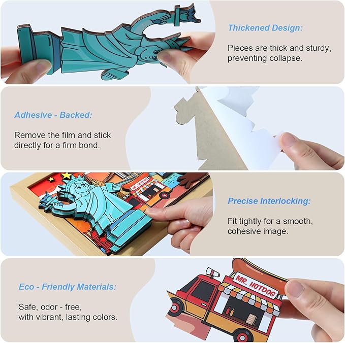 LQG Art Crafts Gift for Kids 4-8 Ages 3D Wooden City Landmark Series Frame Kit for Kids - DIY New York Cartoon Style Puzzle Toys Perfect Wall Art and Tabletop Decoration