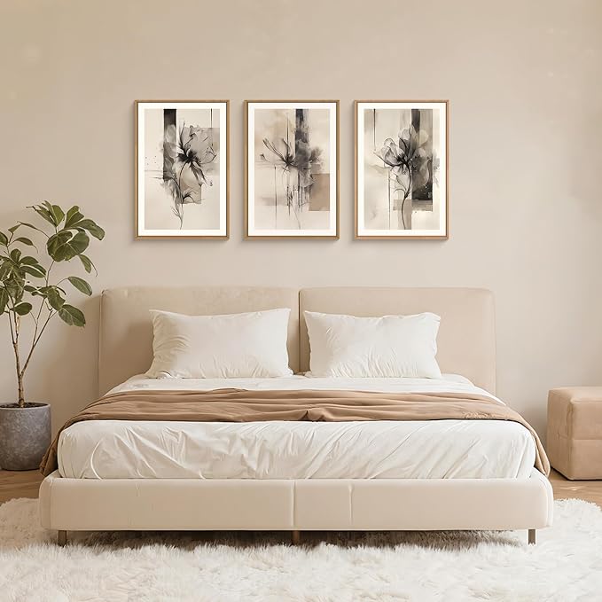 FWIEXA Black Beige Floral Canvas Wall Art Set 3, Neutral Abstract Framed Prints, Brushstroke Geometry Line Paintings, 16x24In Watercolor Ink Artwork Poster for Farmhouse, Living Room, Bedroom, Office