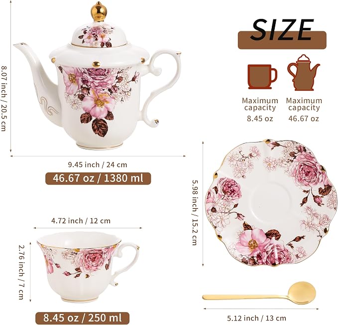 TATSUMI Country Roses Porcelain Tea Set, European Ceramic tea set for adults,Vintage Style, For Women and Tea Parties (Chocolate Red, 13 Pieces Set)