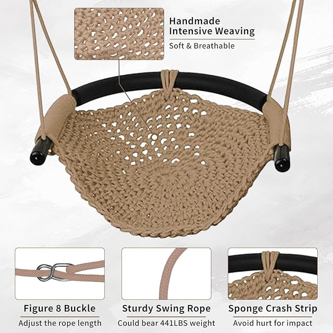 Hi-Na Tree Swing for Kids, Adjustable Toddler Rope Swing Seat with Snap Hooks and Straps, 440 lbs Capacity, Swingset Accessories for Indoor Porch Doorway Outdoor Playground Backyard (Khaki)