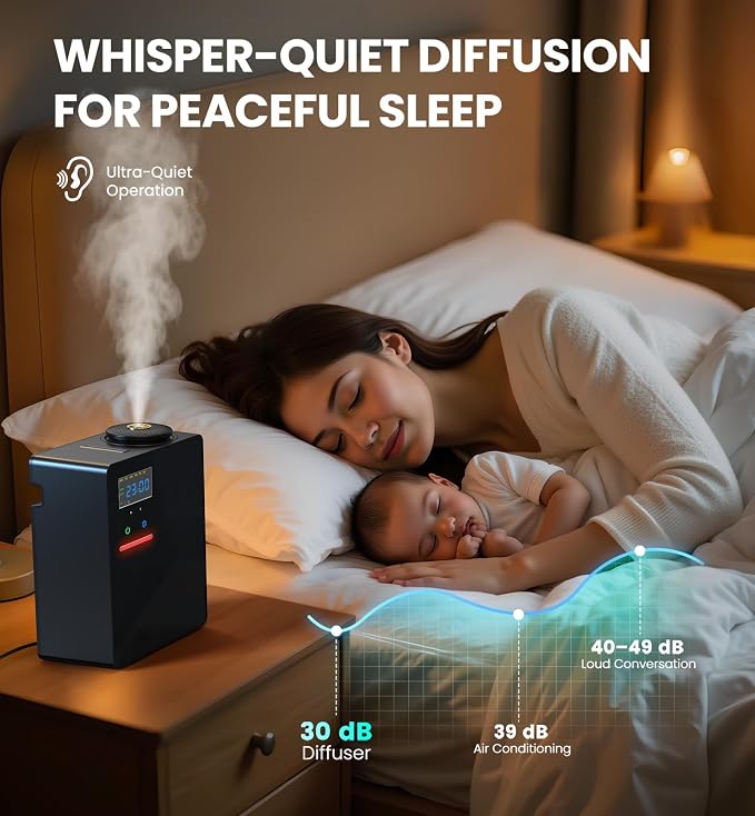 Waterless Essential Oil Diffuser 5000 Sq.Ft Coverage for Large Home, Hotel, or Office, 200ml Cold Air Scent Diffuser Machine with Bluetooth App Control, Quiet No-Heat HVAC Fragrance Diffuser