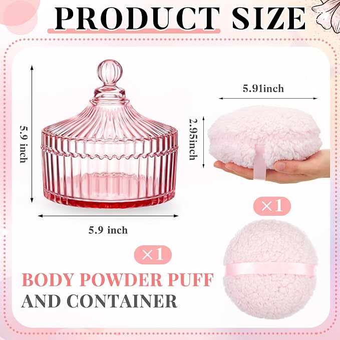 Tioncy 2 Pcs Extra Large Dusting Powder Puff and Container for Women-6'' Glass Crystal Dusting Powder Container with Body Soft Washable Reusable Velour Face(Pink,Classic)