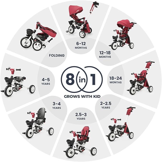 JMMD 8 in 1 Tricycle Stroller with Push Handle, Foldable Trike with 360° Swivel Seat, Reclining Backrest, All-Terrain Wheels, Dual Brakes, Canopy & Storage, Gift for Kids 18 Months to 5 Years, Red