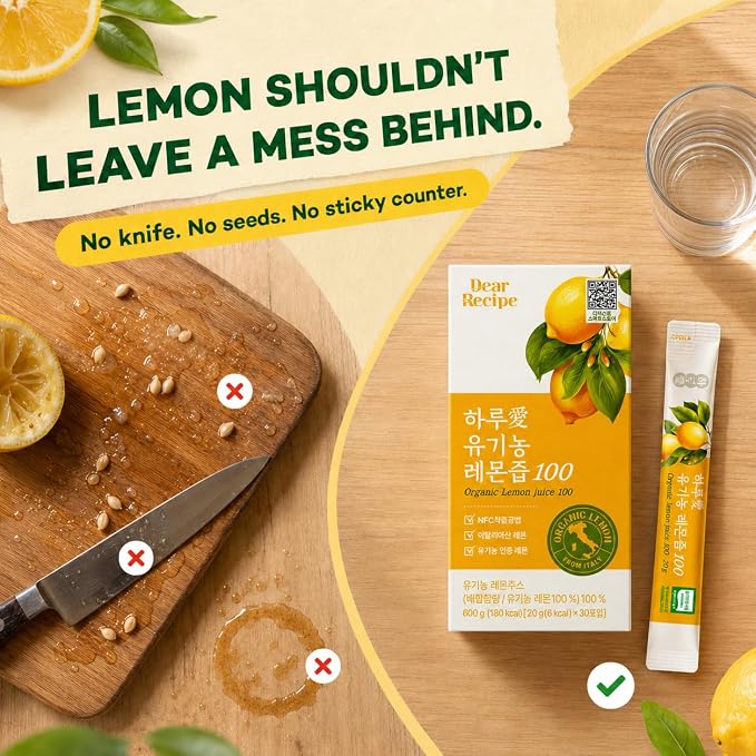 [30 Sticks] Organic 100% Pure NFC Whole Lemon Juice Sticks – 20g Each – Italian Lemon, Cold Pressed, Product of Korea, Non-GMO, No Sugar Added