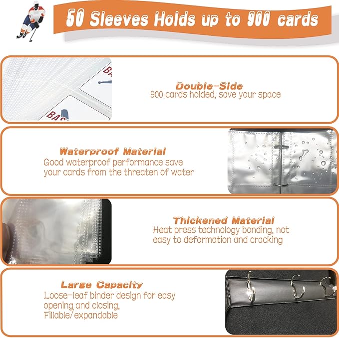 Hockey Card Binder, Trading Card Binder 9 Pocket with 50 Removable Sleeves Fits 900 Sport Cards, 3 Ring Card Holder Binder with Zipper, Collector Storage Album