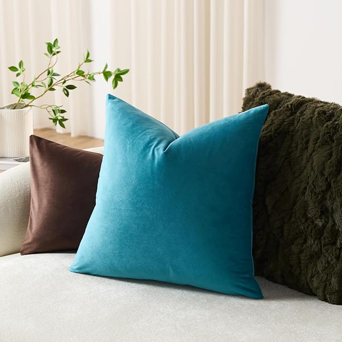 Throw Pillow Covers 18x18 Turquoise: Pack of 2 Cozy Soft Velvet Square Modern Luxury Decorative Throw Pillow Cases for Sofa Couch Living Room Bed Home Decor