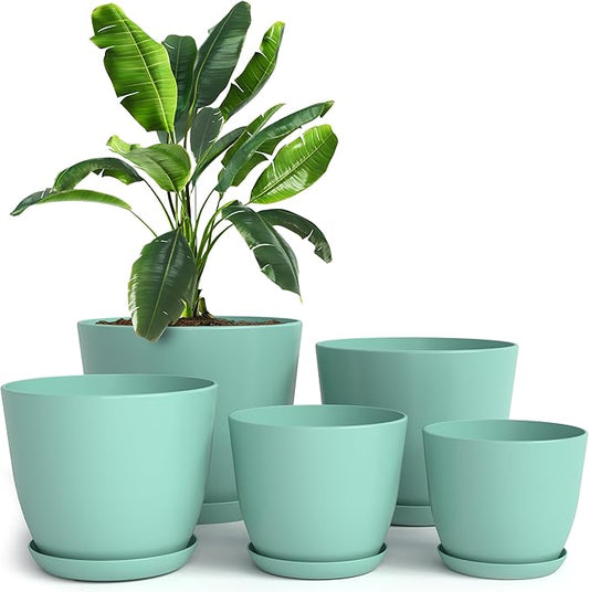 Plant Pots Indoor with Drainage, 5 Pack Multi-Size Planters Set, Aqua | Drainage holes included Multiple sizes 7/6.6/6/5.3/4.8 In Indoor plants and flowers Durable plastic construction