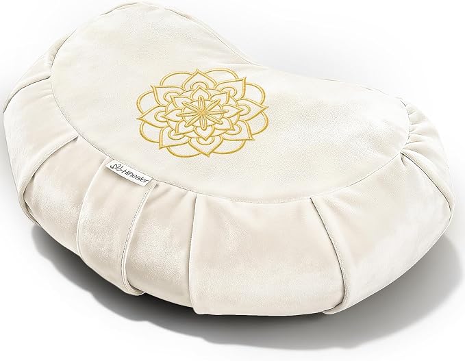 Hihealer Premium Crescent Meditation Cushion, Ergonomic Buckwheat Hull Floor Pillow for Adults, Comfortable Yoga Bolster for Meditation & Floor Sitting (Cream)