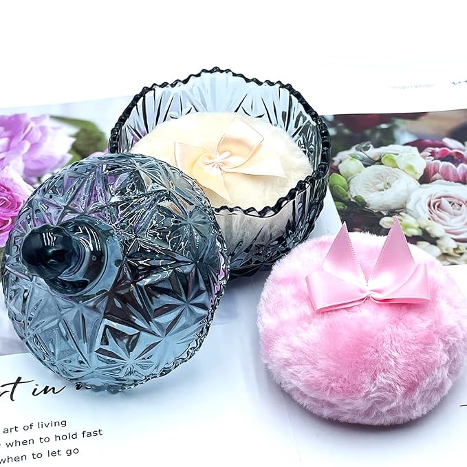Luxury 4 Inch Glass Powder Container with 2 Soft 3.5" Puffs｜Non-Sealed Refillable Organizer for Makeup & Jewelry｜ Body Powder Jar(Crown-Grey Blue)