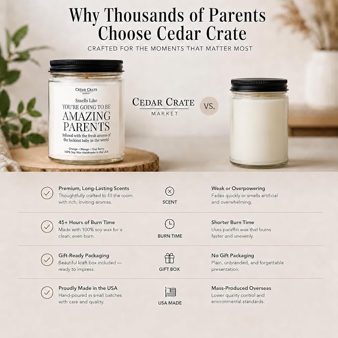 Cedar Crate Market New Parents Gifts for Couples, Baby Shower Pregnancy Gift, Gender Reveal Candle, New Mom First Time Mom Dad, Orange, Mango, Goji Berry 9oz Soy Wax, Made in USA, 45+ Hour Burn