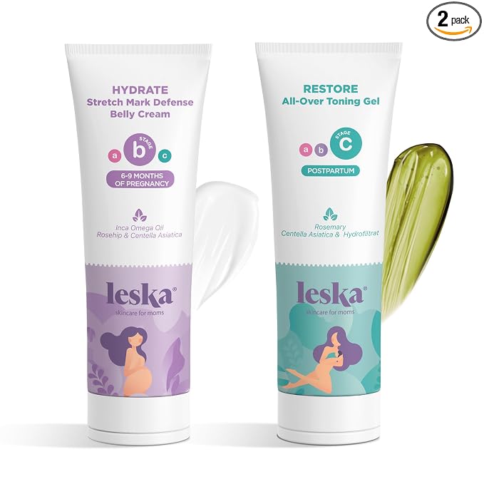 Leska Maternity Stages B & C Set | HYDRATE Belly Cream & RESTORE All-Over Toning Gel | Pregnant Moms Months 6-9 and Postpartum | Part of Complete 3-Part Maternity Skincare System (Set of 2, 4oz each)