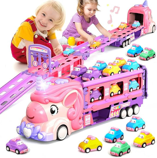 Car Toys for 3 4 5 6 7 Year Old Toddler Girl, Unicorn Toys Truck & Foldable Race Track W/Light & Sound, Friction Power Toy Cars W/ 9 Princess Cars, Birthday Gift for Kids Girls Age 4-6