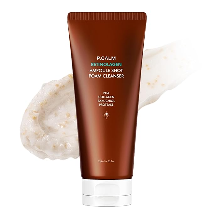 P.CALM Retinolagen Ampoule Shot Foam Cleanser – Retinol, Vegan Hydrolyzed Collagen & PHA for Pore Cleansing & Gentle Exfoliation, Korean Glass Skin (120ml / 4.05 fl.oz)