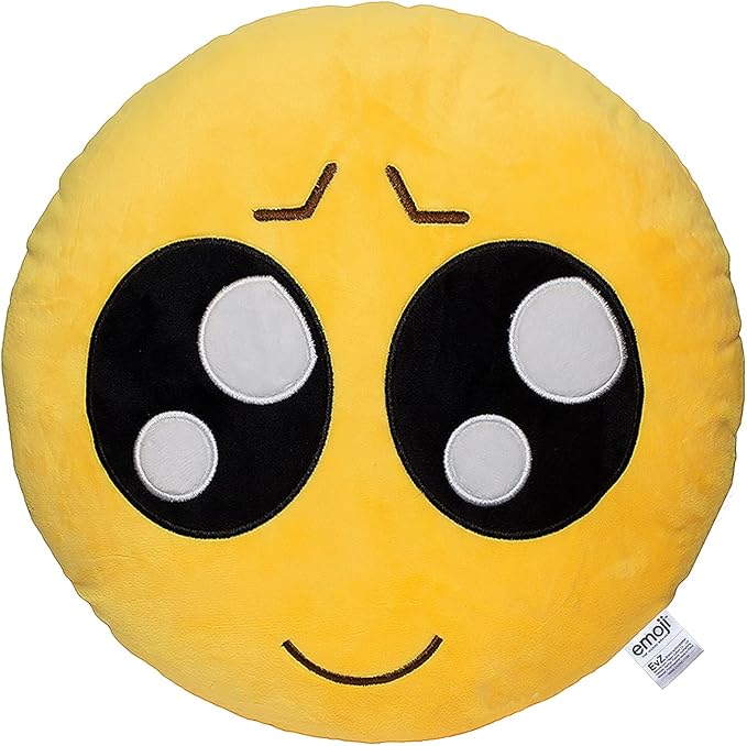 EvZ Official Certified Playcute Emoji Pillow - 32cm Large Soft Plush Pleading Face Emoticon Cushion - Cute Innocent Big Eyes Decorative Stuffed Toy for Kids, Girlfriend & Kawaii Room Decor (Yellow)