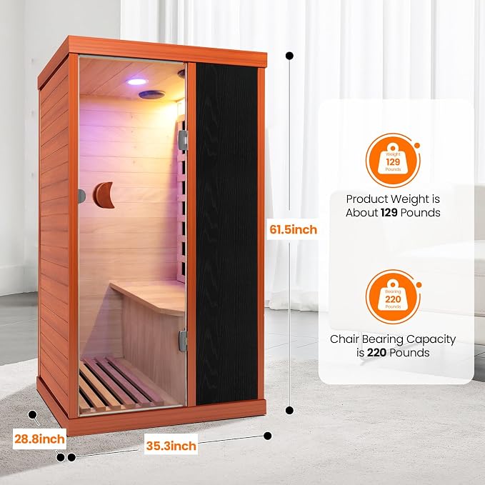 Far Infrared Sauna Home Sauna Room 1200W/110V Low-EMF Wood Indoor Dry Sauna | 1 Person Compact Sauna with Control Panel Speaker & Tempered Glass Door- Fast Heating Easy Assembly 35.2 * 28.8 * 61.5 in