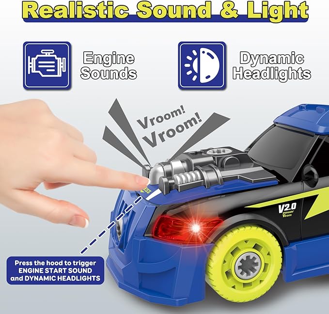 Pup Go Take Apart Toy Racing Car for Kids Age 3+ Year Old, 2 in 1 Build Your Own Car with Realistic Sounds & Lights, Construction Vehicle Toys with Electric Drill, Ideal Gitfs for Boys(4 Spare Screws)
