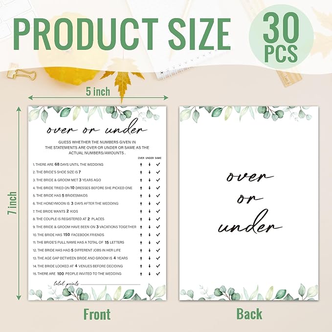 30 Pcs Over or Under Bridal Shower Game Wedding Shower Games, 30 Guests for Engagement Wedding Party, Bridal Games for Showers (Eucalyptus Botanical Style) -0014