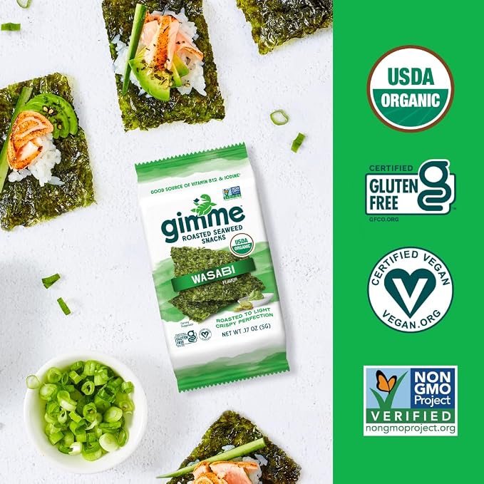 Gimme 20 CT Wasabi Organic Roasted Seaweed Snacks, 5g, 0.17oz