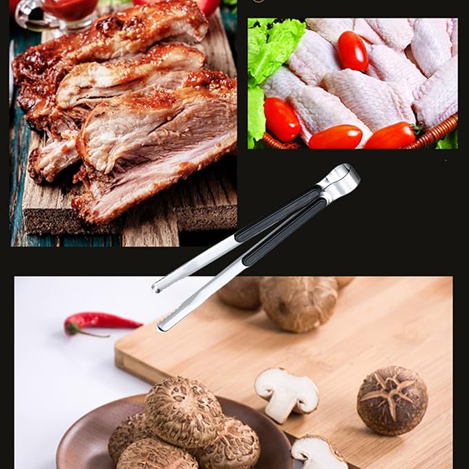 3 Pcs Korean BBQ Tongs, Barbecue & Grill Tools, Kitchen Tongs, Stainless Steel Heavy Duty for Cooking, Meat Clip, Bread Clip, Ice Tongs (Black)
