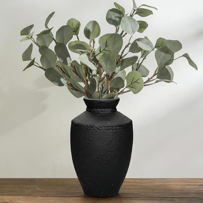 Black Rustic Ceramic Vase - 10 Inch Large Pottery Flower Vases for Home Decor Farmhouse Minimalist Vase for Living Room Centerpiece for Fireplace Entryway Shelf Kitchen Decor