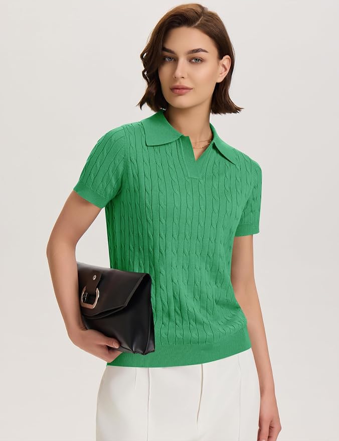 Micoson Womens Short Sleeve Sweater Tops Lapel V Neck Polo Shirts 2026 | Summer Cable Knit Loose Blouses, Business Casual Outfits