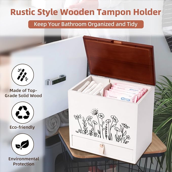 2-Layer Solid Wood Tampon Box Storage Organizer, 100% Wood Bathroom Feminine Accessories Holder with Drawer, Dual-Compartment Holder for Pads, Tampons, & Liners, Gold Floral, Gifts for Women