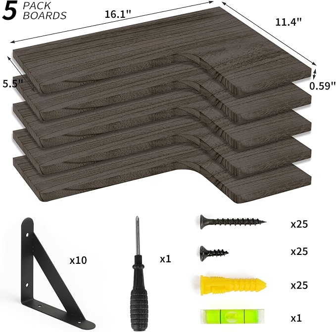 Fixwal Conner Shelves Wall Mounted for Decor, Weathered Grey Set of 5 | Solid wood shelf with metal brackets, holds 40 lbs. Optimizes corner storage. Fits bathroom, kitchen, bedroom & living room.